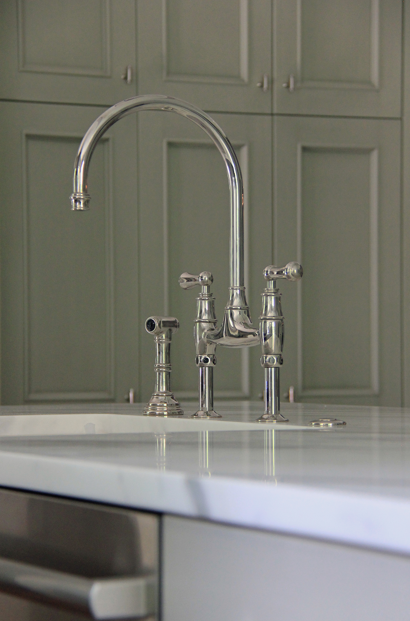 Stainless steel faucet and appliances accompanied by marbled granite countertops