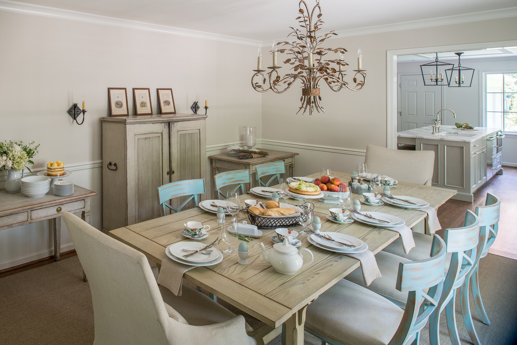Newly renovated dining room with a wood dining table set for a family dinner