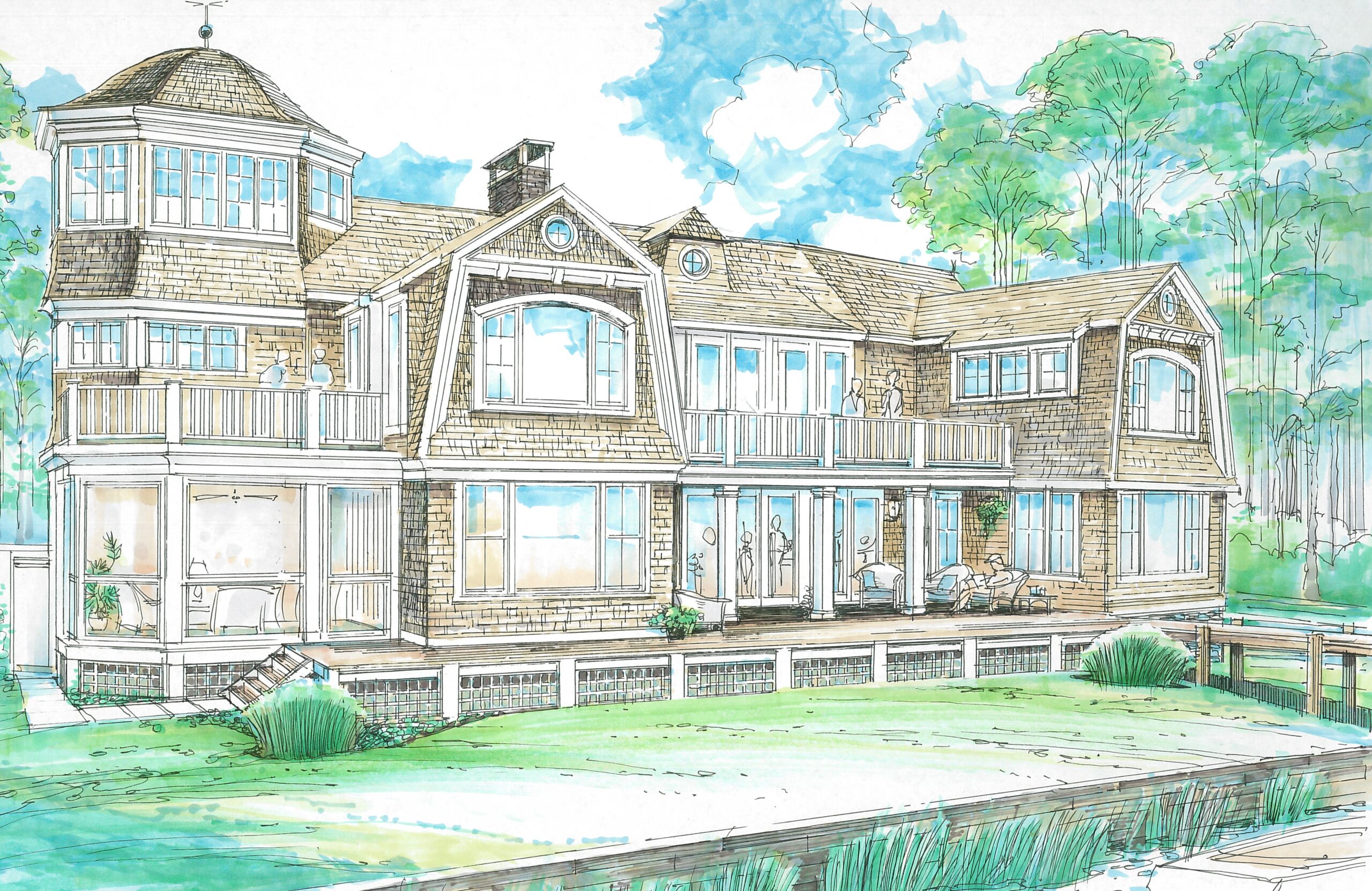 Sketch / rendering of the back exterior of a grand coastal beach house