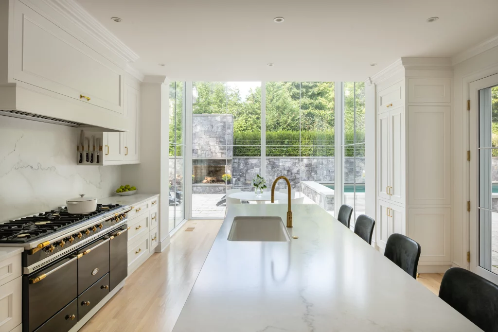 large kitchen island and LaCanche range