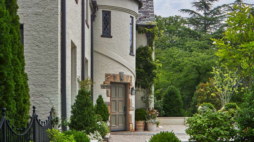 entrance to an eclectic French style home in Bethesda Maryland that was transformed by Anthony Wilder