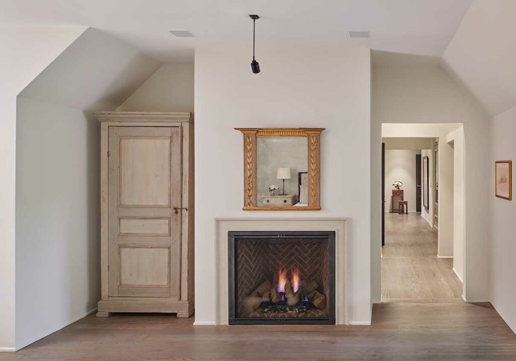 second floor renovation in bethesda maryland featuring a fireplace with a herringbone tile inset