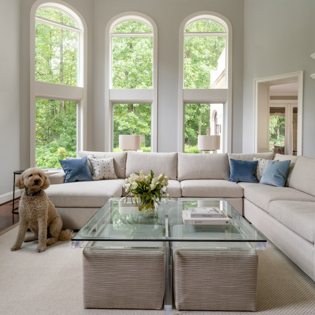 Laboradoodle in White living room with custom square coffee table by Interior design and wilderworks of Anthony Wilder